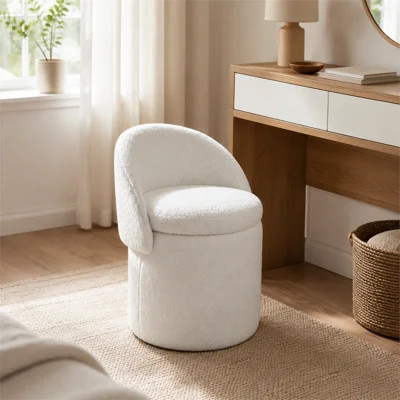 Beige modern cylindrical cushioned vanity stool with a foldable backrest and storage space; suitable for living room, bedroom, and dressing room. | Wayfair North America
