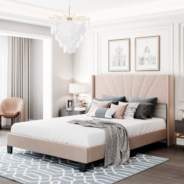 uhomepro Beige Queen Bed with Velvet Upholstered Headboard, Modern Platform Bed Frame for Bedroom... | Walmart (US)