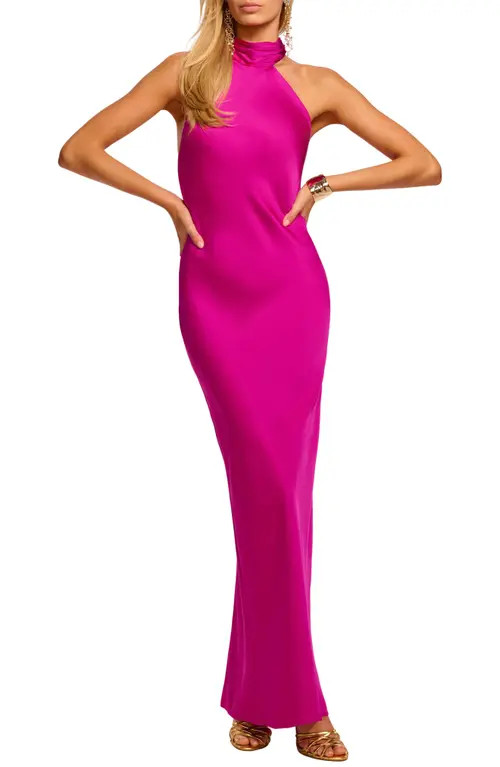 Ramy Brook Tatiana Halter Neck Satin Gown in Fiesta Pink at Nordstrom, Size 0 | Nordstrom