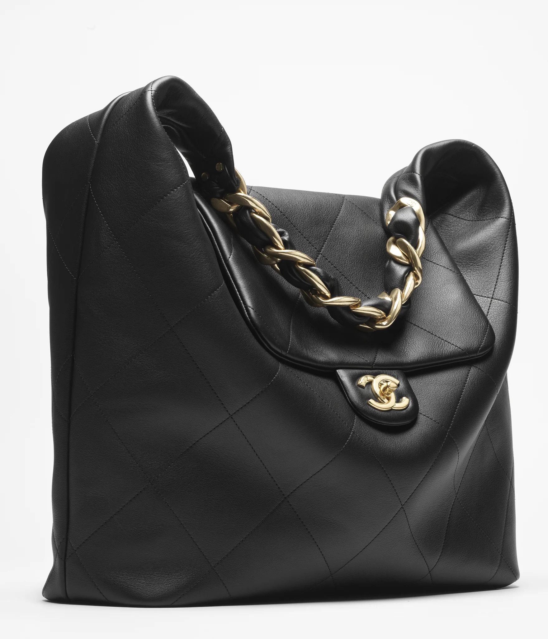 Maxi hobo bag, Shiny calfskin & gold-tone metal , black — Fashion | CHANEL | Chanel, Inc. (US)
