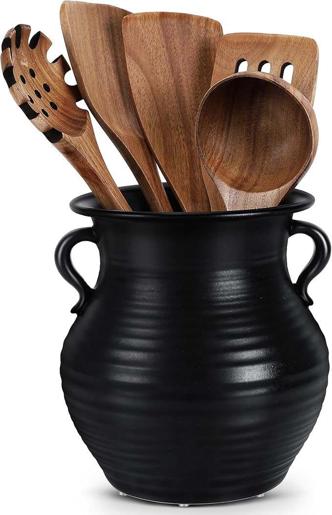 Vintage Utensil Holder Black Ceramic Utensil Crock for Countertop | Heavy without Tipping Over, 7... | Amazon (US)