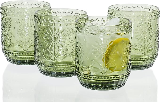 Red Co. Vintage Botanist Drinking Glass Set, Luxurious Floral Embossed Decorative Green Glassware... | Amazon (US)