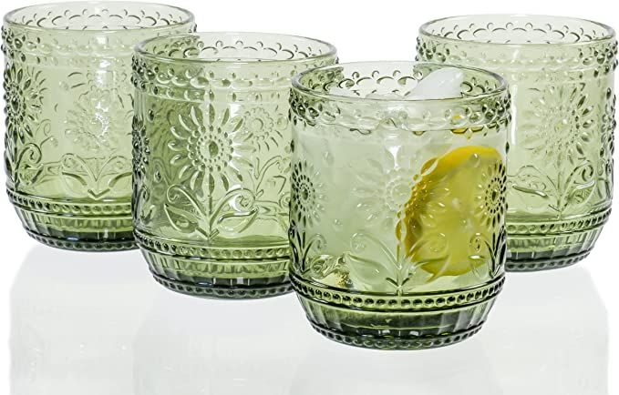 Amazon.com | Vintage Botanist Drinking Glass Set, Luxurious Floral Embossed Decorative Green Glas... | Amazon (US)