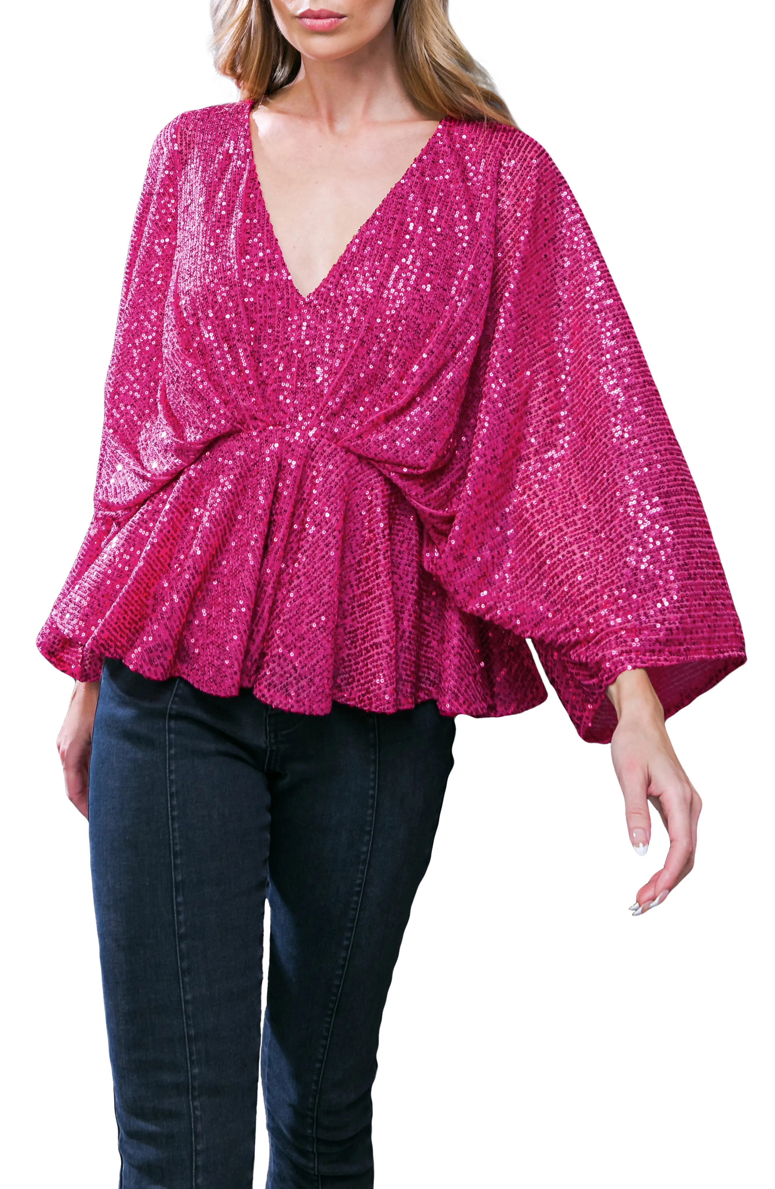 FLYING TOMATO Sequin Embellished Batwing Sleeve Peplum Top in Fuchsia at Nordstrom Rack, Size Large | Nordstrom Rack