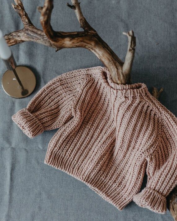 Easy Fit Oversize Baby Sweater, Kids Handknit Ribbed Sweater, Nude Color rib crew neck sweater ki... | Etsy (US)