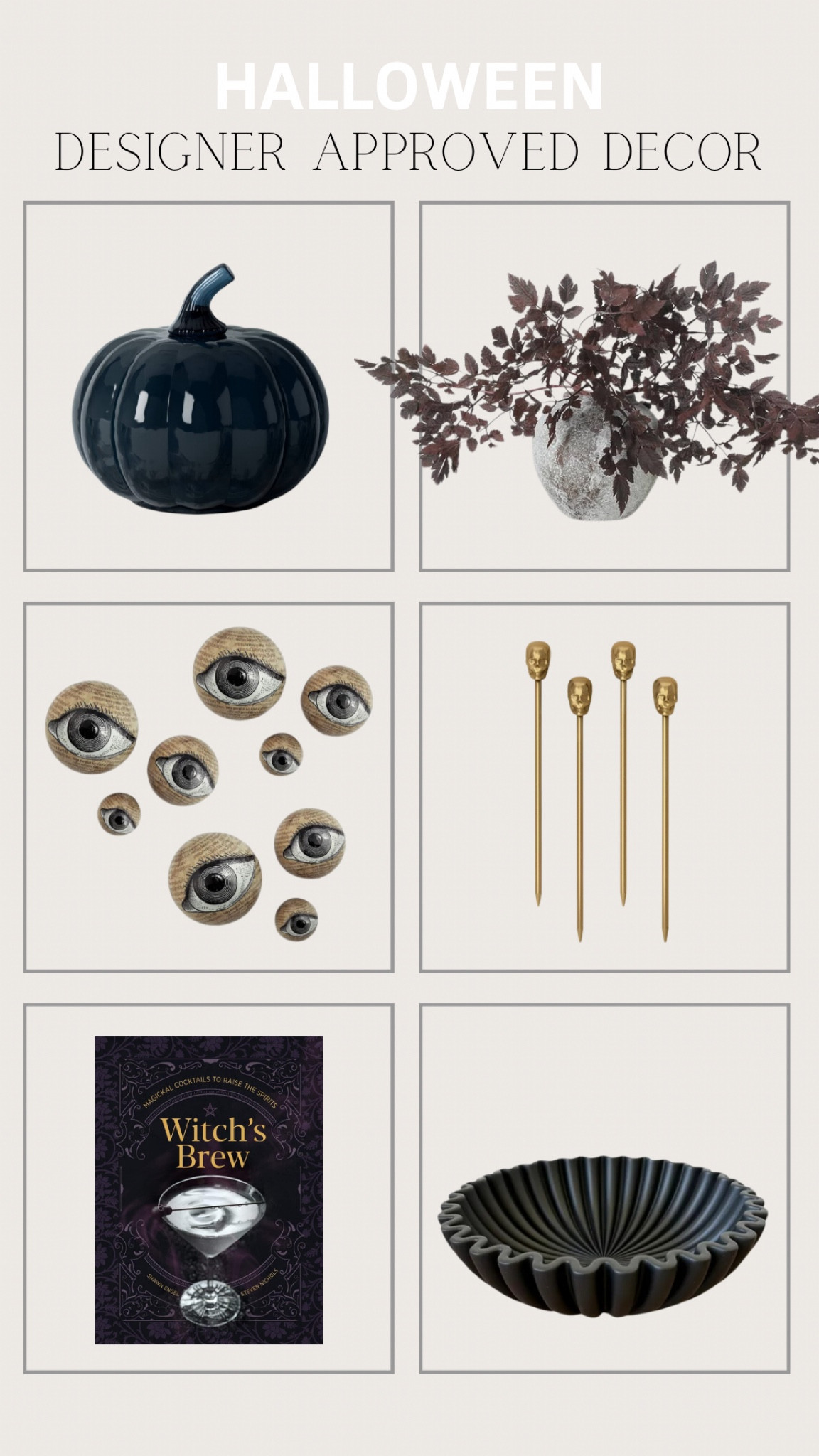 Designer approved Halloween decor, a blue glass pumpkin (only $10!), floral stems, wooden eyeballs (would look so cool displayed in a bowl), gold skull cocktail picks, witch’s brew cocktail book, and a flutted black bowl

#LTKStyleTip #LTKFindsUnder50 #LTKHalloween