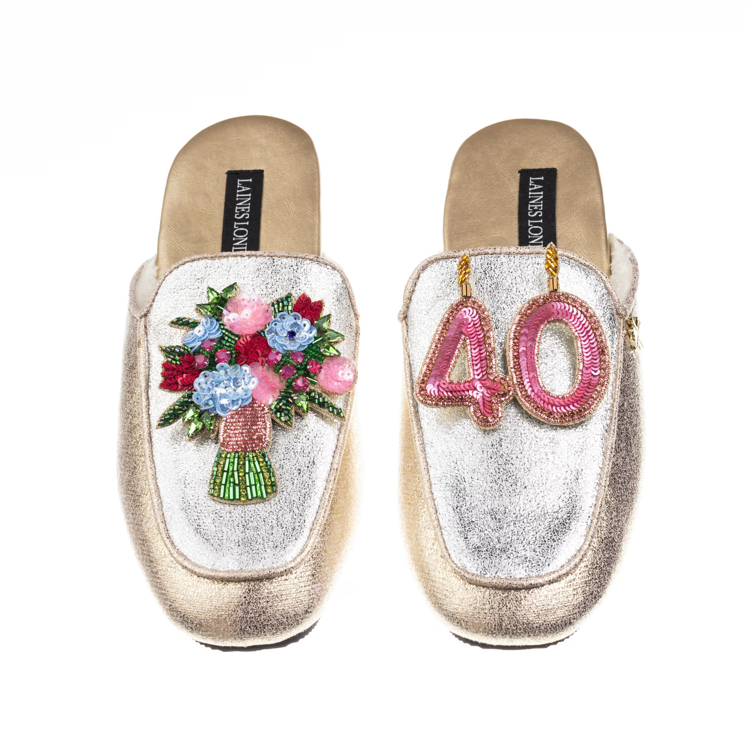Classic Mules With 40Th Birthday & Flowers Brooches - Silver & Gold | Wolf & Badger
