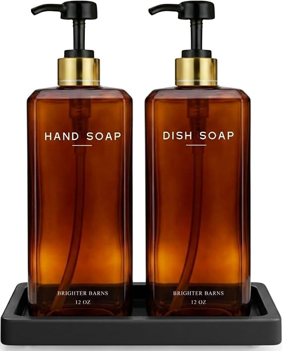 Amber Glass Hand and Dish Soap Dispenser Set by Brighter Barns - Kitchen Soap Dispenser Set with ... | Amazon (US)