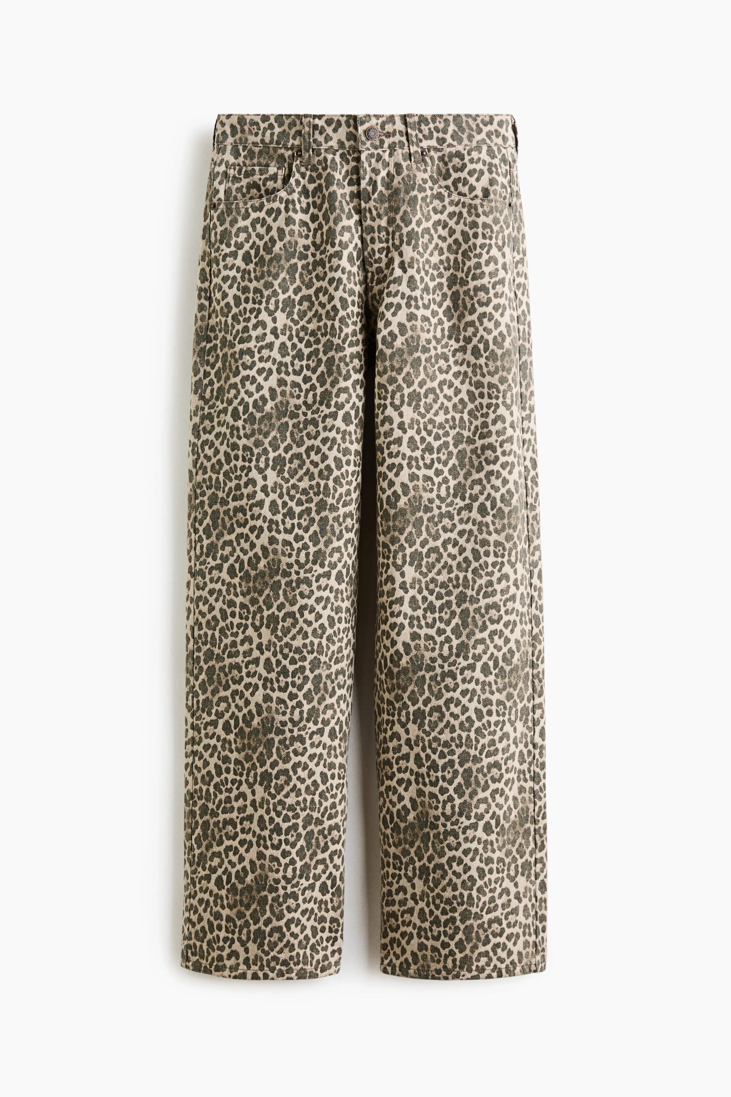H&M Wide-leg Regular Waist Jeans in Light Beige/leopard Print at Nordstrom, Size 12 | Nordstrom