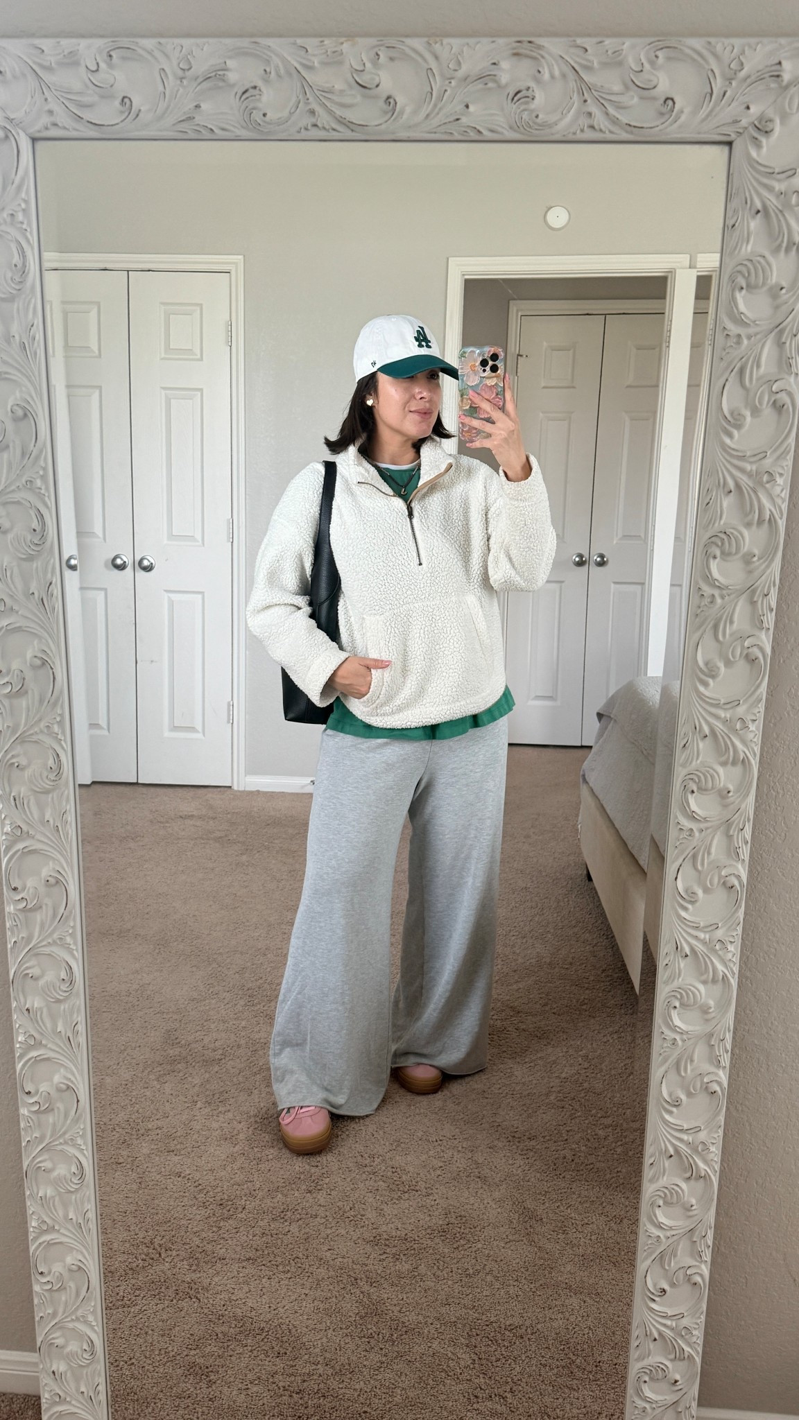 Casual everyday mom outfit. Fleece sweaters. Pink and green gazelle sneakers. 

#LTKPetite #LTKootd #LTKmomlife