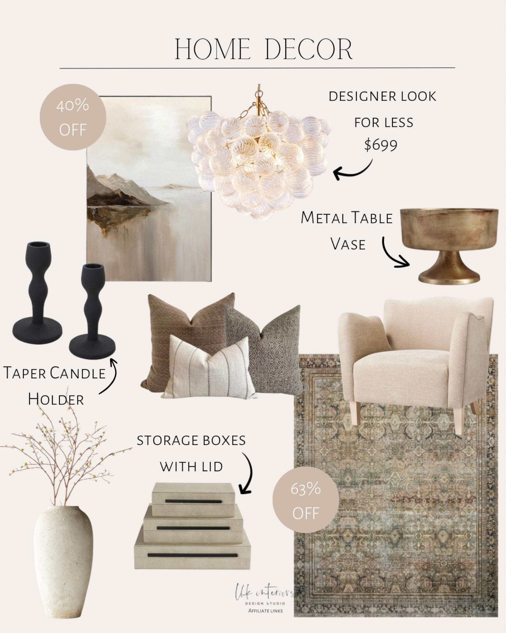 Home Decor 
Bubble ball swirled glass chandelier / metal table vase / Loloi ll oriental rug / Etsy pillow combo set / faux quince blossom branch / storage box with lid / accent chair / co-op metal taper candle holder / large being abstract planting. 

#LTKsalealert #LTKhome