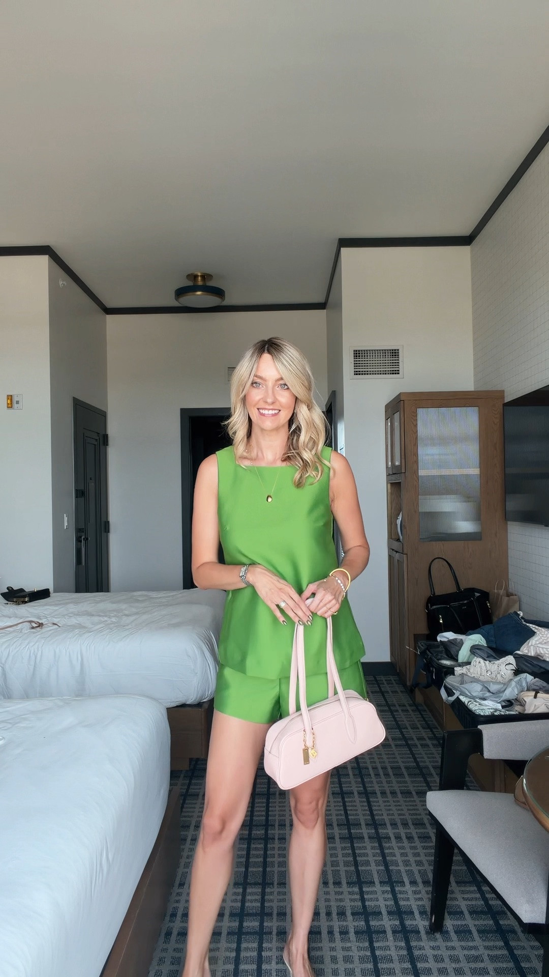 LTKCon check-in look 💚✨ And this might be the outfit that officially changed my mind about this color 👀 LTKCon has officially started and I’m bringing you along for all the outfits, events + everything in between! Wearing size 4 at this @macys  set ! Green set • matching set • two piece set • pink bag

#LTKgrwm #LTKdayinmylife #LTKCon