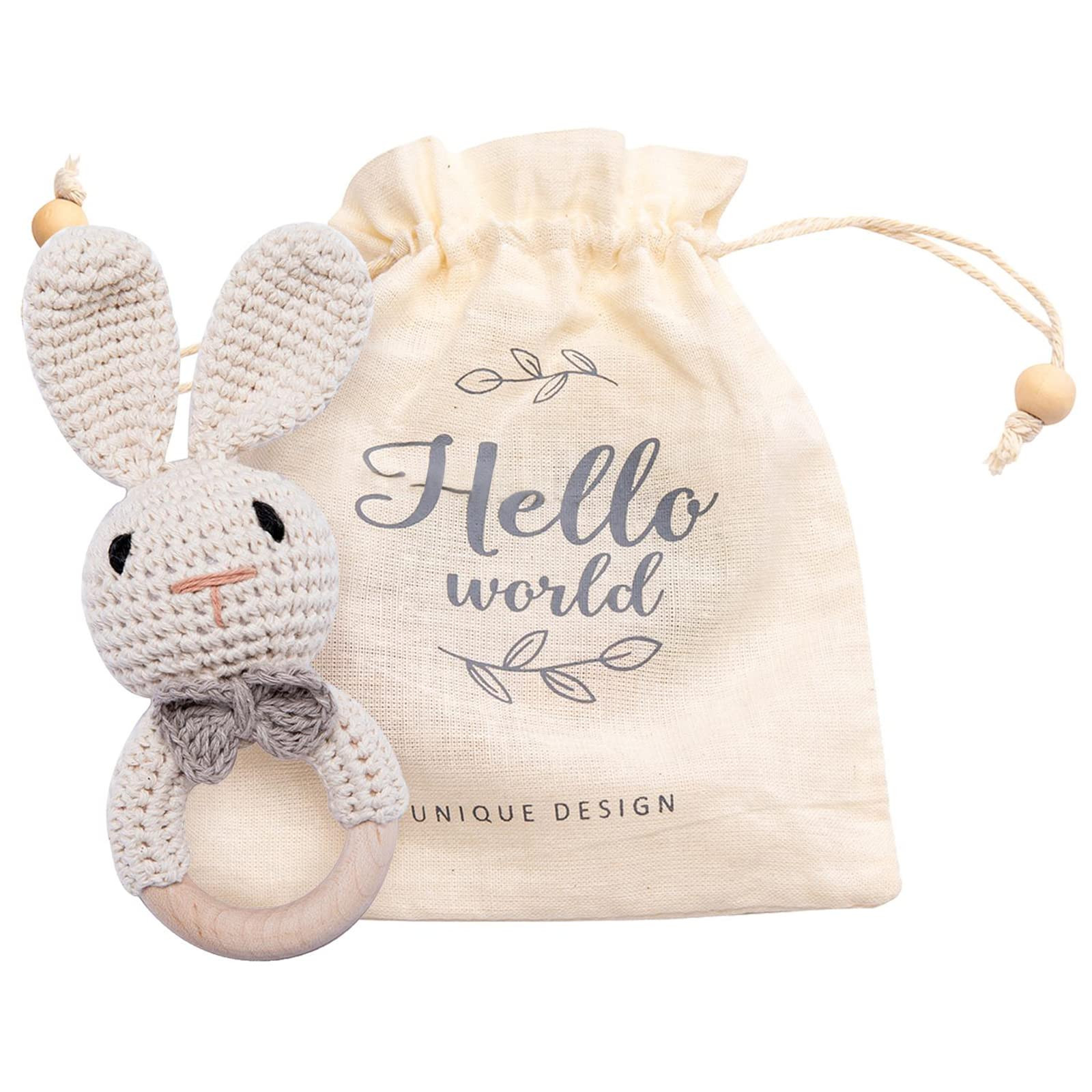 Wooden Baby Rattle Lovely Crochet Bunny Ring Rattle Baby Toys,Beige Bunny | Amazon (US)