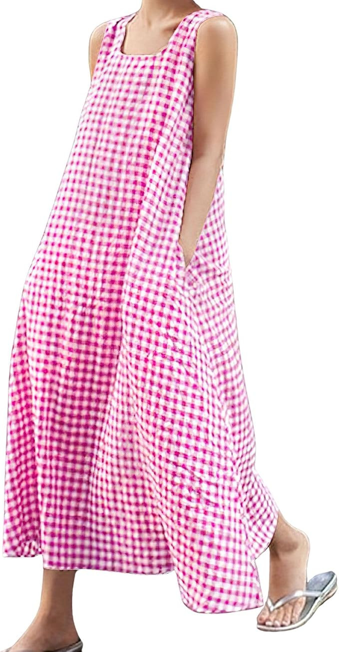 chouyatou Women's Summer Casual Loose-Fit Cotton Plaid Tank Maxi Dress with Pockets Boho Beach Su... | Amazon (US)