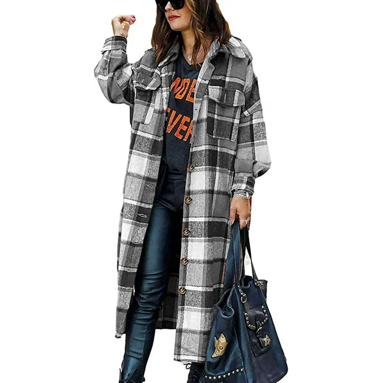 Fantaslook Flannel Shirts for Women Button Up Plaid Shirt Long Pocketed Shacket Jacket Coat - Wal... | Walmart (US)