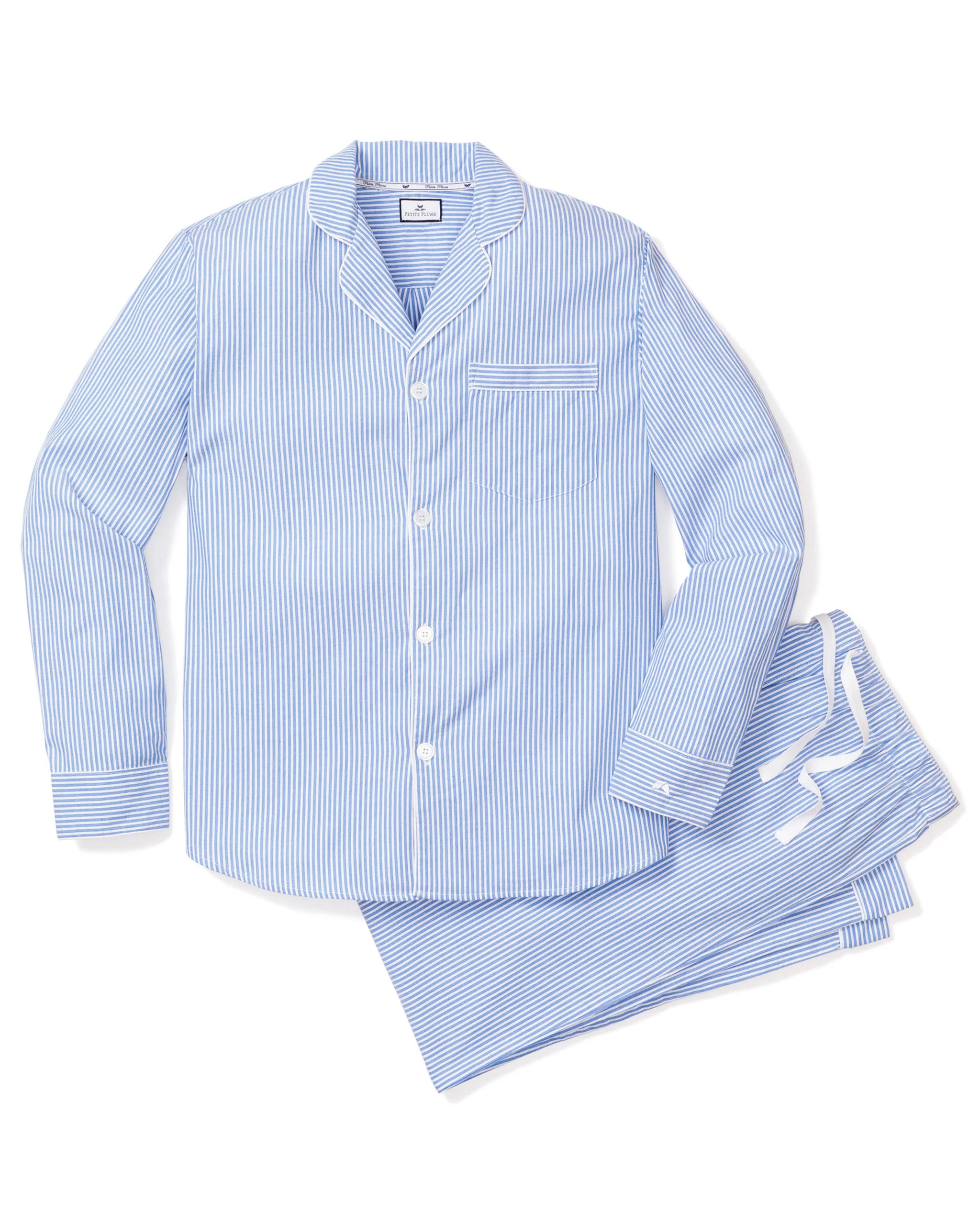 Men's Twill Pajama Set in French Blue Heritage Stripe | Petite Plume