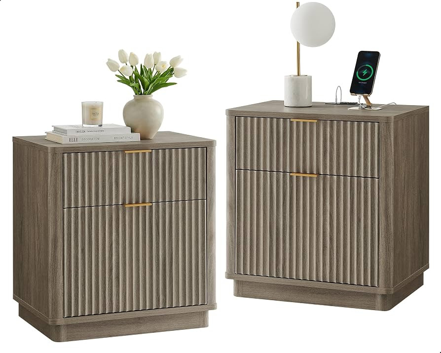 T4TREAM 23'' Fluted Nightstand Set of 2 with Charging Station, Large 2 Drawer Side Table, Modern ... | Amazon (US)