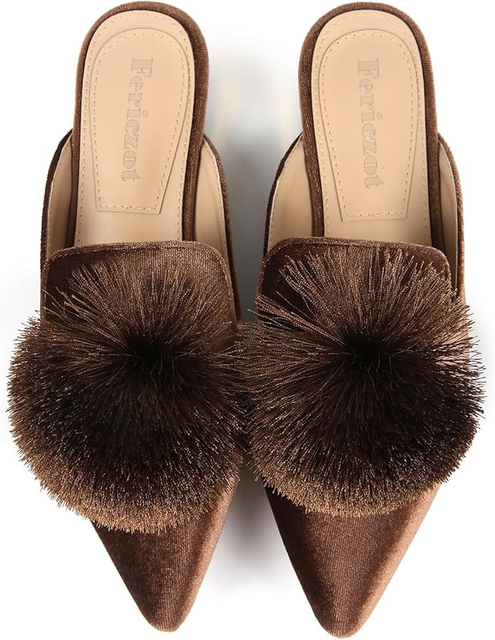 Fericzot Slip On Mule Backless Loafers Flats Puff Pompom Pointed Toe Casual Shoes Slippers | Amazon (US)