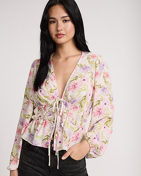 Floral Smocked Tie Front Top | Express