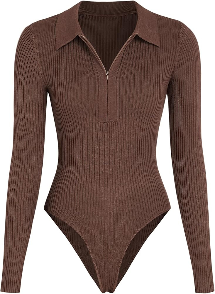CIDER Women's Solid Rib Zip Up Collar Knitted Bodysuit | Amazon (US)