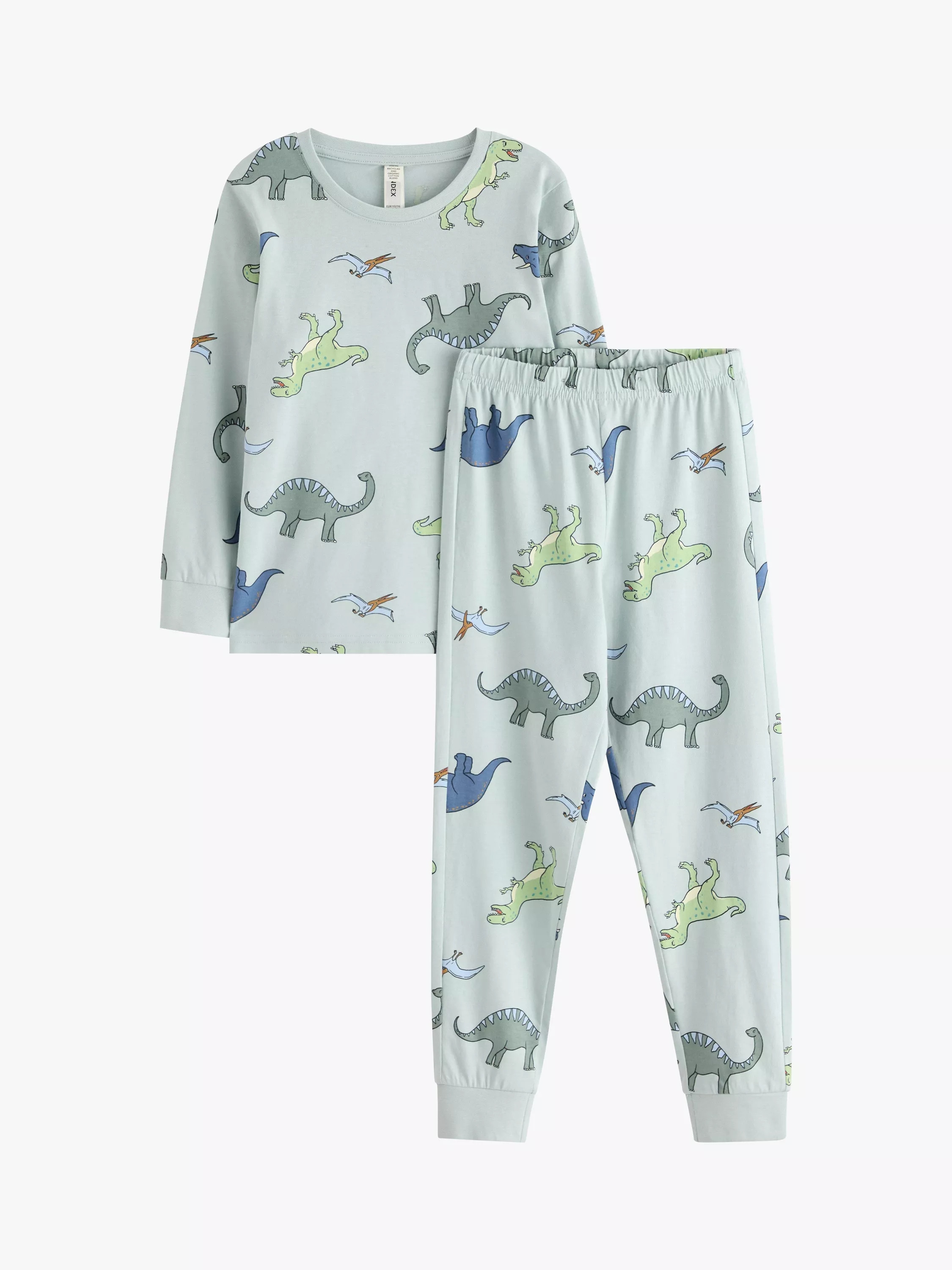 Lindex Kids' Cotton Long Sleeved Dinosaur Print Pyjamas, Light Aqua | John Lewis (UK)