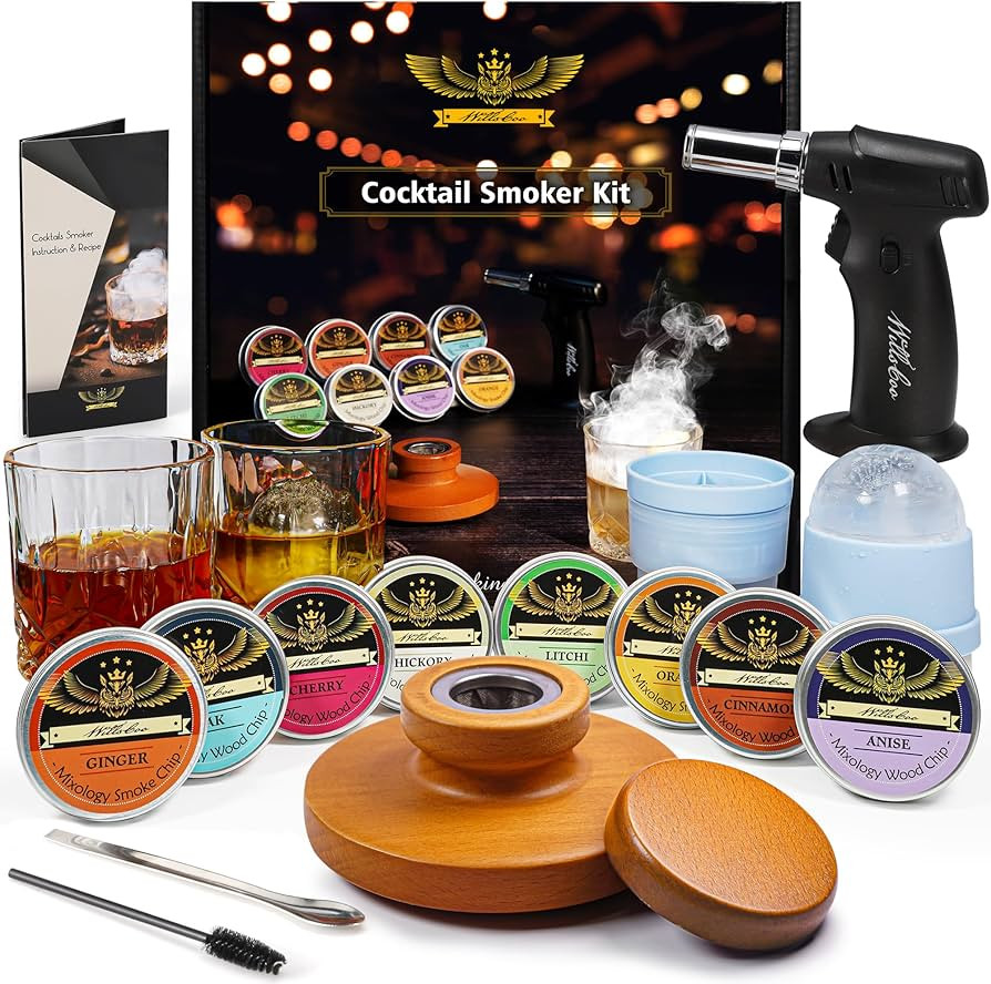 Cocktail Smoker Kit with Torch ＆ 2 Glasses 2 Ice Ball Molds 8 Flavor Wood Chips for Whiskey & B... | Amazon (US)