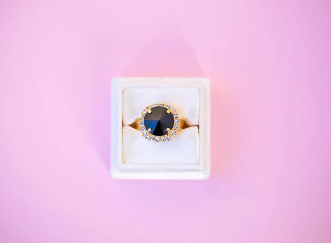 12mm Jet Halo (crystal) Adjustable Ring - GOLD setting | Etsy (US)