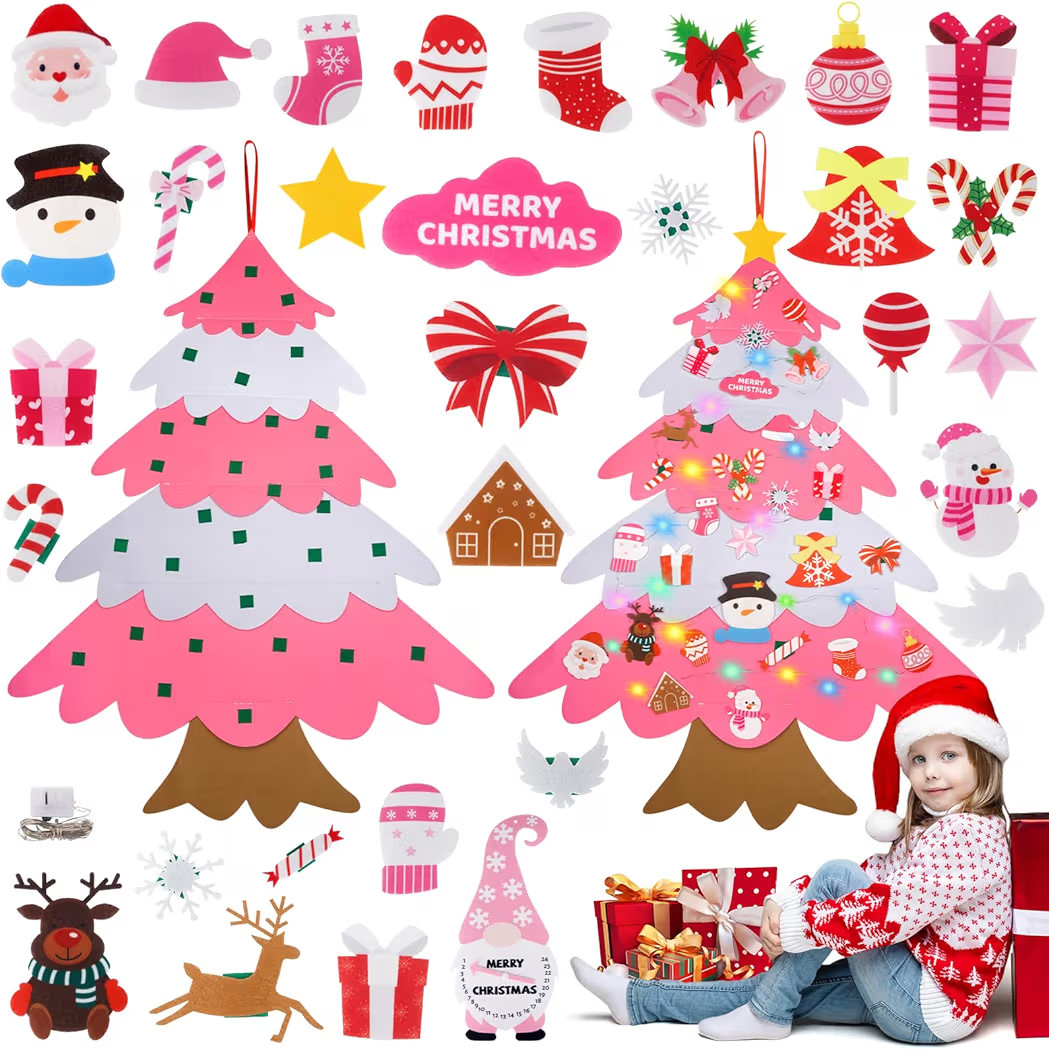 Leokawin Felt Christmas Tree for Kids Toddler, Pink Felt Wall Hanging Christmas Tree with 30 Orna... | Amazon (US)