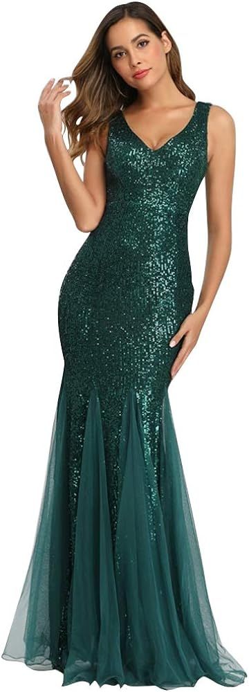 Sleeveless Double V-Neck Long Mermaid Sequin Formal Evening Dresses | Amazon (US)