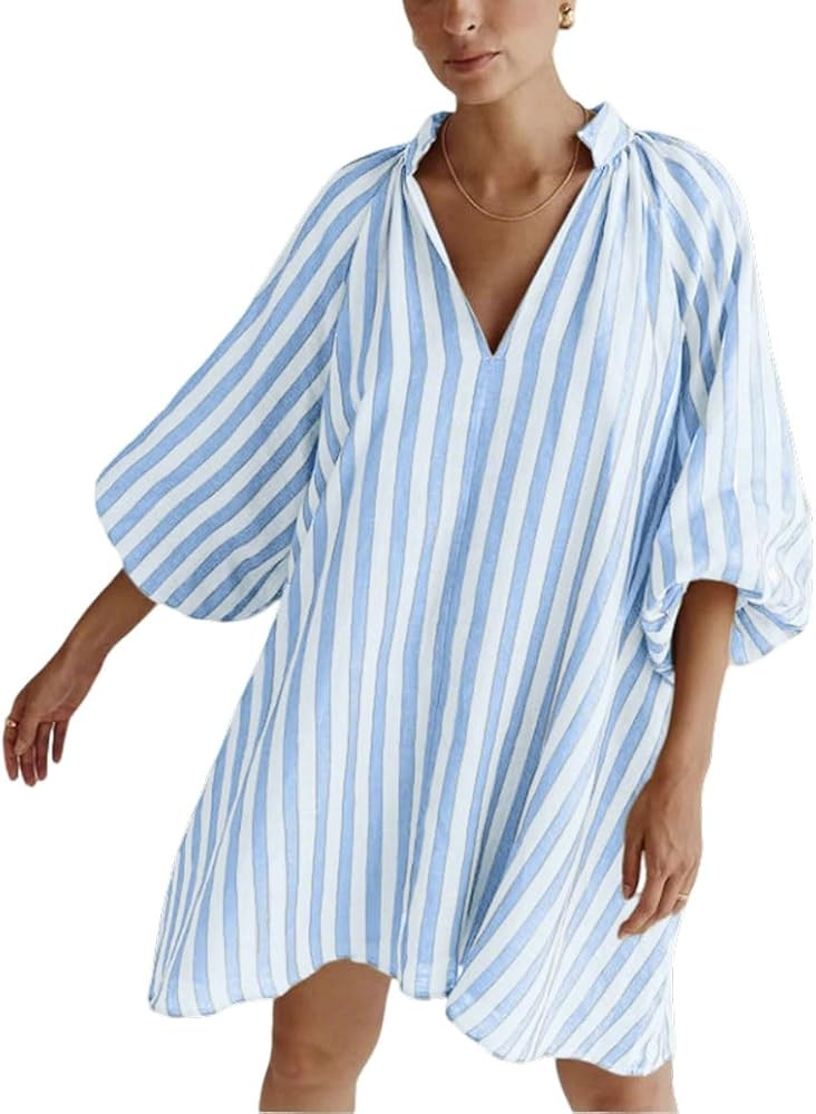 CHARTOU Women Summer Striped Beach Vacation Mini Dress 3/4 Sleeve Boho Chic Outfits Tunic Shift D... | Amazon (US)