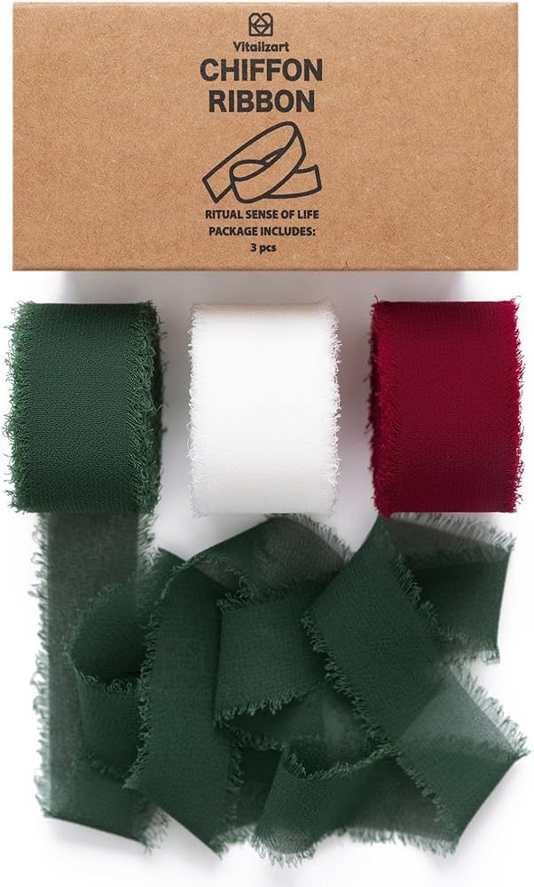 Vitalizart Christmas Green Red & White Chiffon Silk Ribbon 1" x 21Yd Fringe Fabric Eco-Friendly P... | Amazon (US)