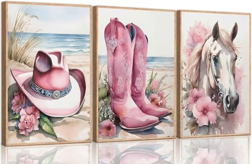Djmwtb Coastal Cowgirl Canvas Wall Art Western Girl Room Decor Set of 3 Pink Flower Boots Hat Horse Pictures Trendy Preppy Posters Prints Watercolor Painting for Dorm Bedroom 16x24in Unframed | Amazon (US)