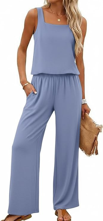 Lepunuo Women Summer 2 Piece Sets Square Neck Sleeveless Crop Tops Wide Leg Pants Matching Sets T... | Amazon (US)