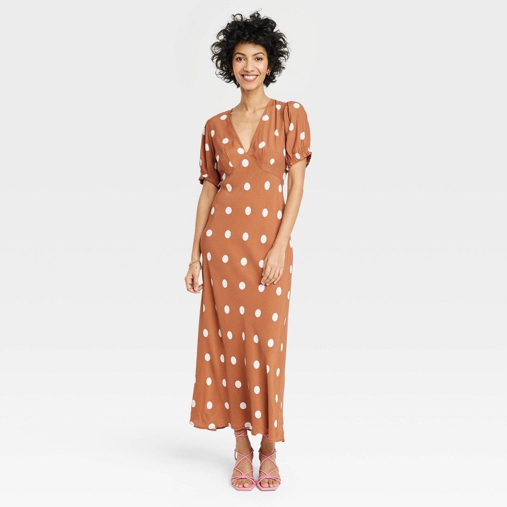 Women's Crepe Puff Short Sleeve Dress - A New Day Brown Polka Dots S | Target