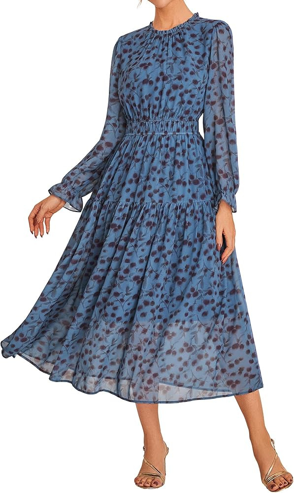 GRACE KARIN Women's Long Sleeve Maxi Dress Fall 2025 Chiffon Flowy Wedding Guest Dresses Floral T... | Amazon (US)