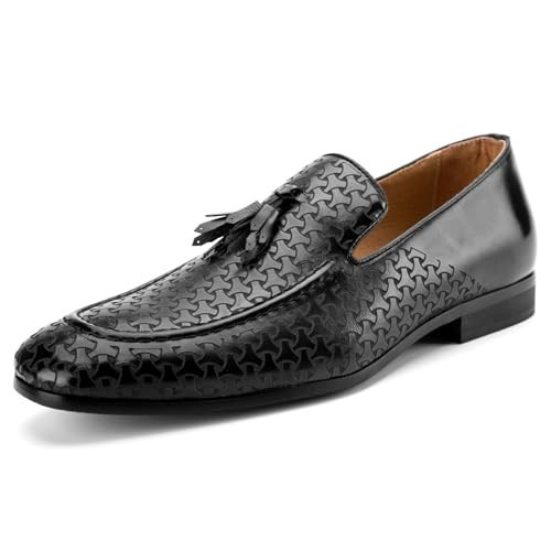 Meijiana Black Men's Loafers with Laser-Carved Design & Tassel Detail, Microfiber PU Leather Upper, Classic Comfortable Slip-On Shoes, Black-04, 10 US | Amazon (US)