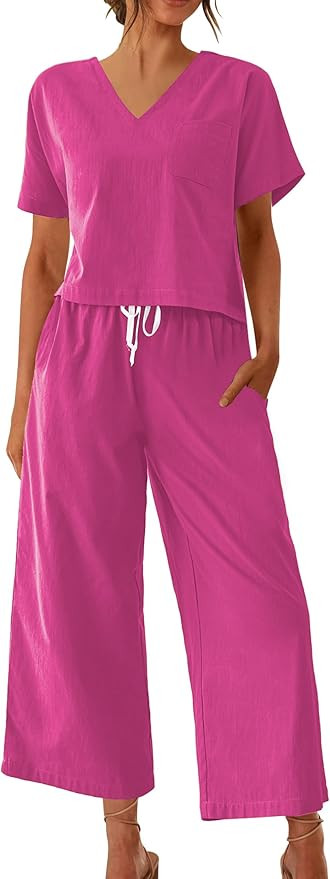 Ekouaer Women's 100% Cotton Linen Lounge Set Short Sleeve Top Pajamas Wide Leg Pants Loungewear O... | Amazon (US)
