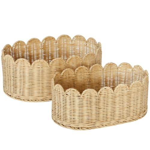 BEBE BASK Premium Scalloped Basket Set Of 2 - Scallop Basket - 16 x 10 x 7 Inch - Hand-Woven Elegant Wicker With Scalloped Edge - Nursery Storage - (Natural) | Amazon (US)