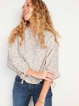 Oversized Ditsy-Floral Corduroy Tie-Sleeve Top for Women | Old Navy (US)