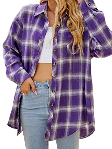 CHYRII Womens Button Down Flannel Shirts Long Sleeve Plaid Shackets Business Casual Blouse Top | Amazon (US)