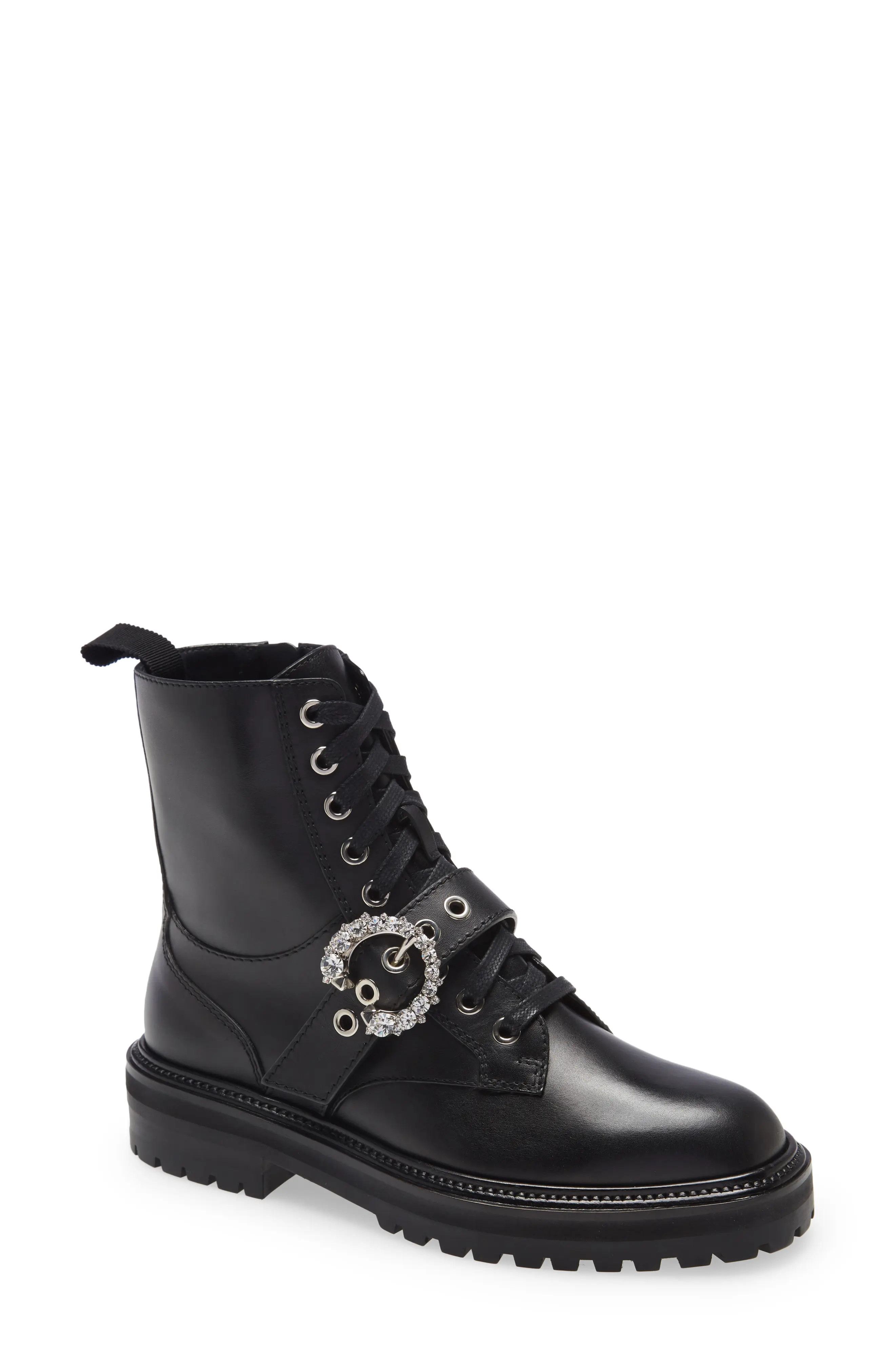 Jimmy Choo Cora Crystal Buckle Combat Boot in Black at Nordstrom, Size 10Us | Nordstrom