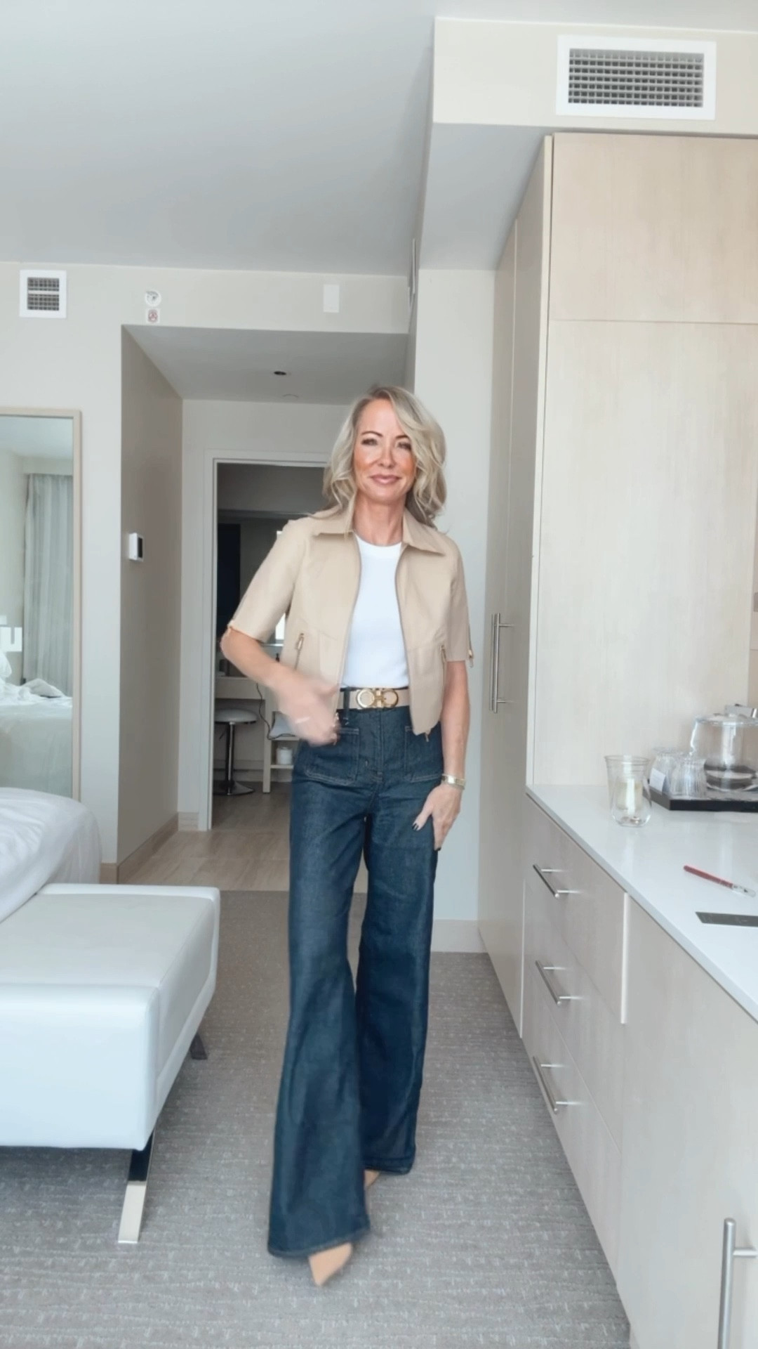 Fake fall outfit with simple layers of a short sleeve leather cropped jacket!  Shop similar options! 

#LTKSeasonal #LTKOver40 #LTKStyleTip