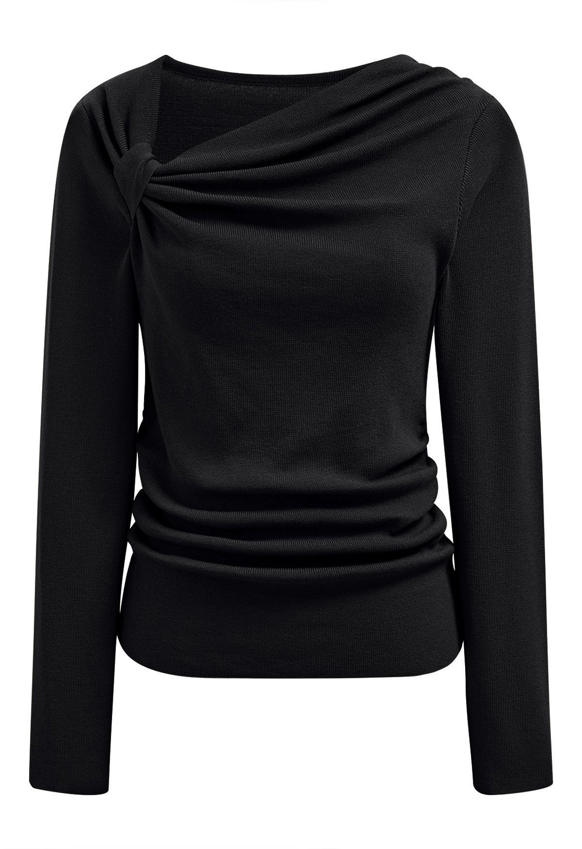 Side Knot Ruched Long-Sleeve Knit Top in Black for Office & Everyday Wear | Chicwish