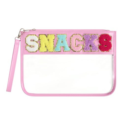 Narsikar Clear Snack Bag for Travel, Chenille Letter Clear Zipper Snacks Pouch Nylon Cosmetic Bag Makeup Travel Bag for Women(Pink) | Amazon (US)