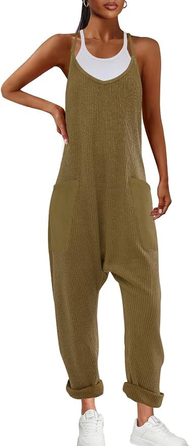 Nirovien Womens Waffle Knit Jumpsuits Oversized Sleeveless Onesie One Piece Romper with Pockets F... | Amazon (US)