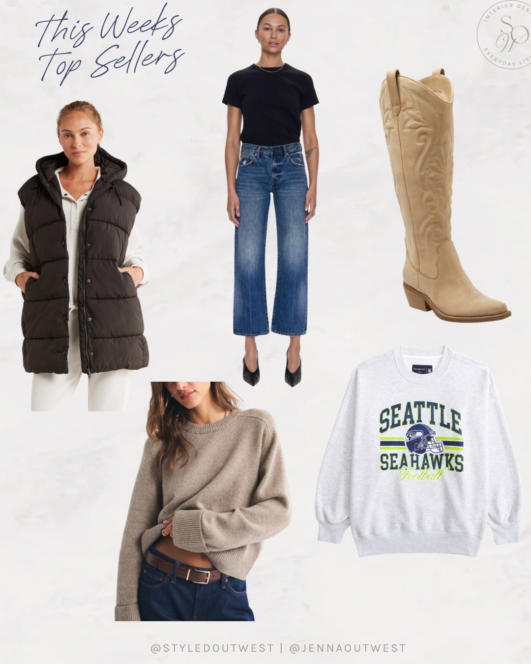 This weeks top sellers!

Zella puffer vest on sale! 
Crop barrel jeans dark wash (fits TTS)
Cowboy boots under $60 (fits TTS and so comfortable)
Crewneck sweater - comes in several colors 
Seahawks women’s crewneck sweatshirt 



#LTKFindsUnder100 #LTKStyleTip #LTKSaleAlert