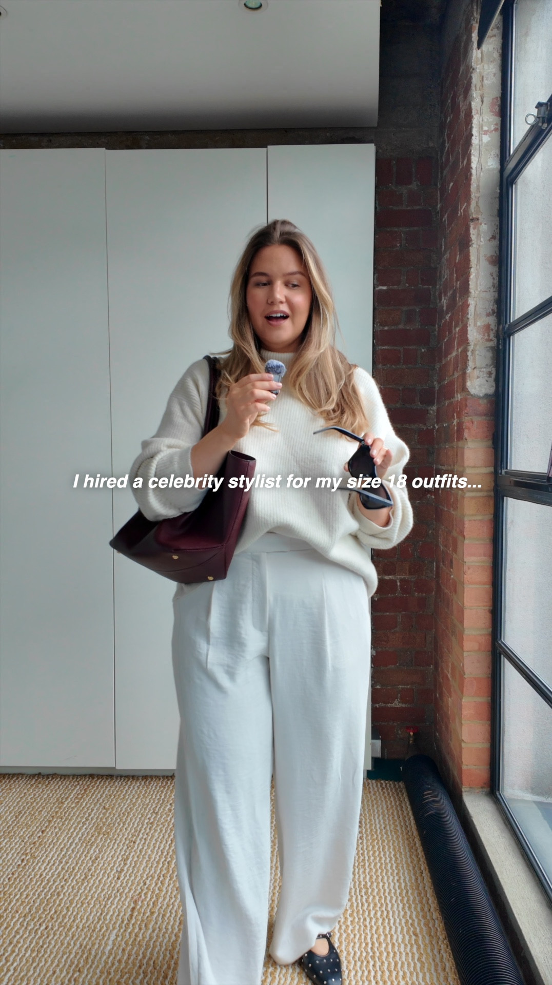 Free people sunglasses
Uniqlo cream knit [XL]
Abercrombie Sloane pants [W33 L]
DEMELLIER burgundy leather bag 
M&S stud ballet flats 

#LTKstyletip #LTKcurves #LTKmidsize