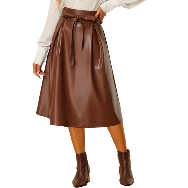 Allegra K Women's Faux Leather Skirt Elastic Tie Waist A-Line Elegant Midi Skirts | Walmart (US)
