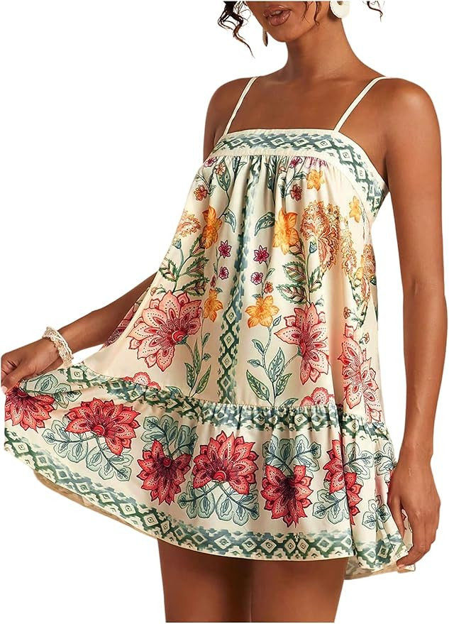 SOLY HUX Women's Boho Sundresses Floral Print Sleeveless Beach Vacation Flowy Mini Dress | Amazon (US)