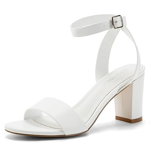 Greatonu White Heels For Women Chunky Block Heels Sandals Open Toe Ankel Strap 3 inches Women's Heel Sandal 11 US | Amazon (US)